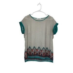 Rose + Olive Womens Teal White Geometric Ikat Border Print Blouse Top Large